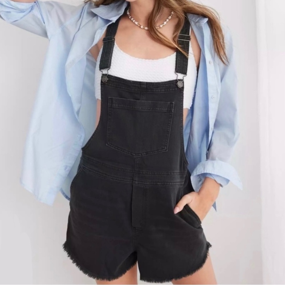 aerie Black Denim Short Overalls